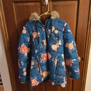 Matilda Jane Floral Teal Puffer Jacket with Faux Fur Hood
